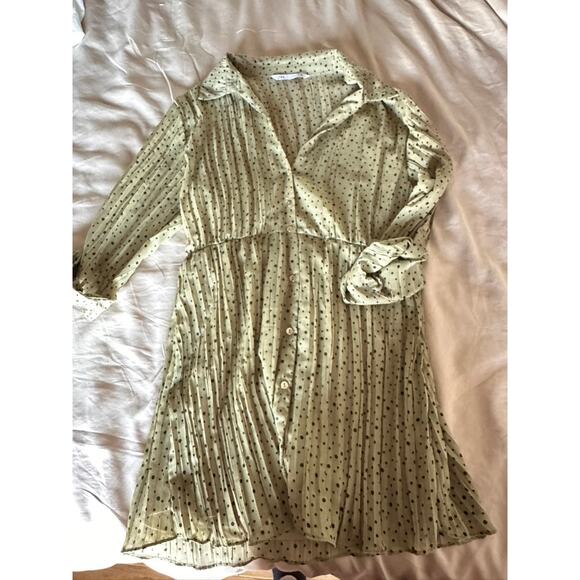 ZARA Polka Dot  collared Button-Front Shirt Dress – Long Sleeve Light Green Midi - Picture 8 of 10